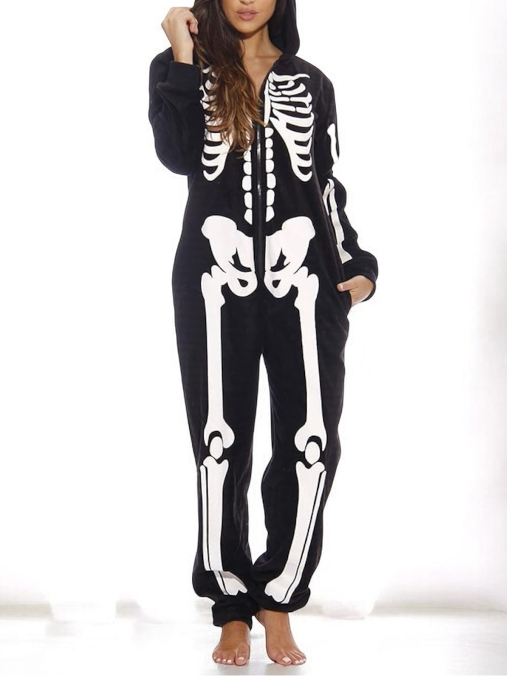 NWT woman’s Black Skeleton One-Piece Hooded Pajamas. Halloween lounge Onesie